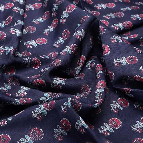 Classy Blue and Red Floral Print Kota Doria Digital Fabric Material
