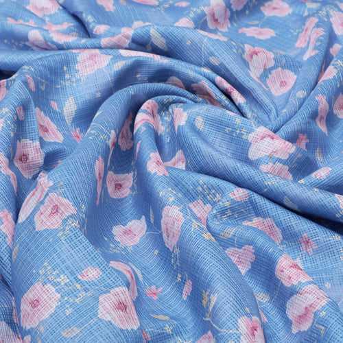 Gorgeous Floral Velly Kota Doria Digital Printed Fabric in Captivating Blue and Peach