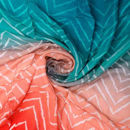 Classy Green, Red, and Peach Zigzag Digital Printed Natural Crepe Fabric