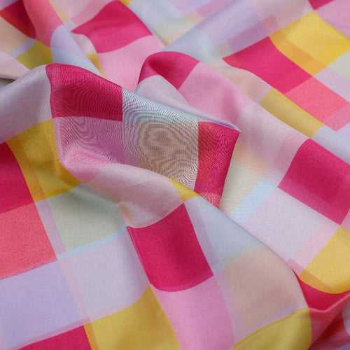 Gorgeous digital printed organza fabric with a checkered design in yellow, purple and pink