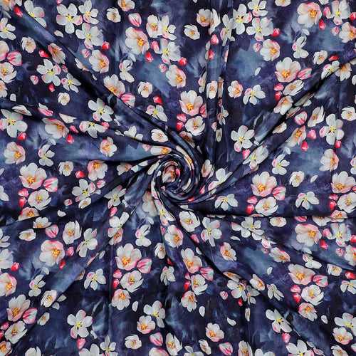 Blue Floral Printed Pure Muslin Fabric