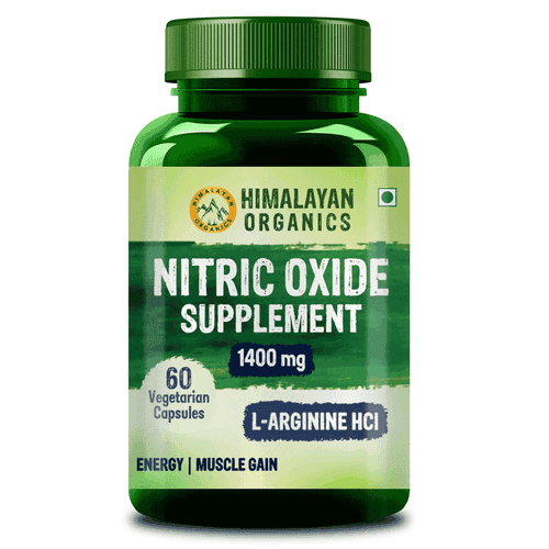 Himalayan Organics Nitric Oxide 1400mg With L-Arginine HCI Caffeine Supplement | Good For Muscle Growth, Stamina, Recovery, Immune Booster & Energy- 60 Veg Capsules