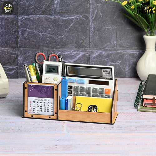 3 Compartment Desk Organizer With 2024 Calendar | Desk Calendar | Desk Accessories