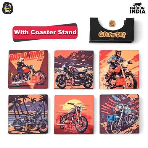 Coaster Set of 6 Bullet Bike & Thar Car Lover | Gifts with Proper Coaster Stand | Set fit for Tea Cups, Coffee Mugs and Glasses (Square 3.8 X 3.8 Inch)