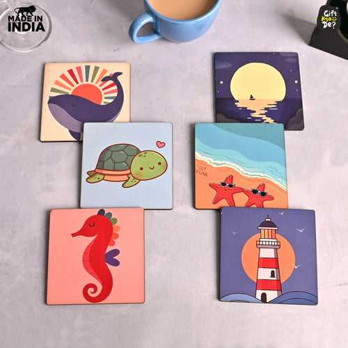 Coaster Set of 4 & 6 Sea Life & Cartoon Design | Wooden Coasters to Serve Tea Cups, Coffee Mugs and Glasses