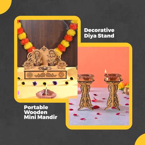 Wooden Portable Mandir & Diya Stand Combo | Best Diwali Gift | Housewarming Gift
