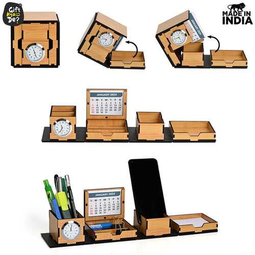 Foldable All in One Office Desk Organizer With Clock, Calendar 2024 & Mobile Stand | Desk Accessories