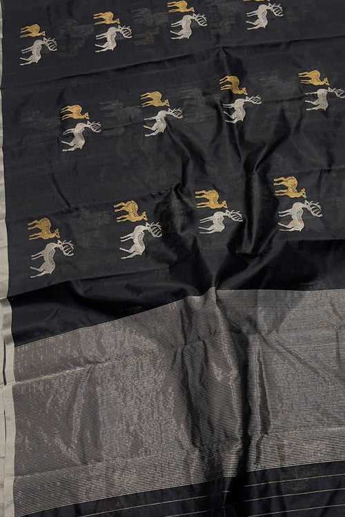 Elegant Black Chanderi Silk Saree - Handloom Beauty