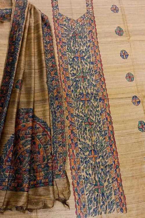 Pastel Madhubani Hand Painted Tussar Ghicha Suit Set