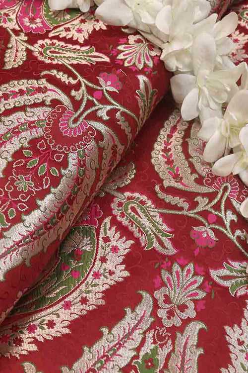 Exquisite Red Banarasi Kimkhwab Silk Meenakari Fabric - 5 Mtr