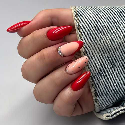 Glossy Red French Studded Press on Fake Nails // tns967