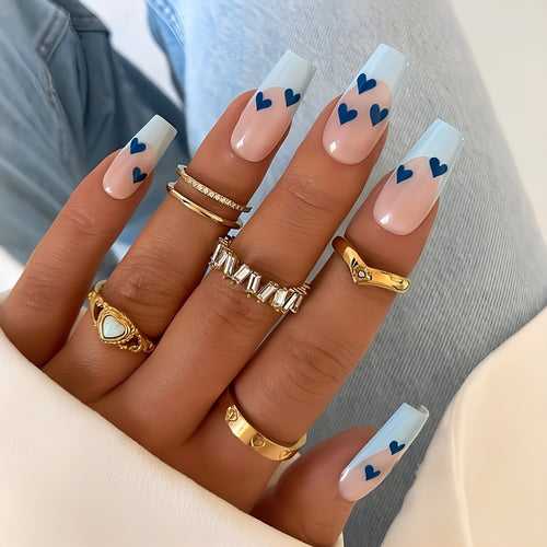 Glossy Light Blue French  Press on Fake Nails // tns940