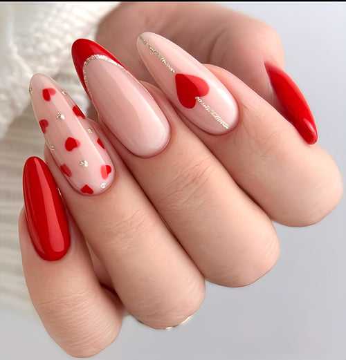 Glossy Red French Hearts Press on Fake Artificial Nails / tns1289