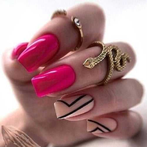 Matte Dark Pink Lines Press on Fake Artificial Nails / tns745