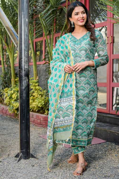 Chic Green Block Printed Kurta Salwar Set | Style Triggers: Modern Style, Timeless Elegance