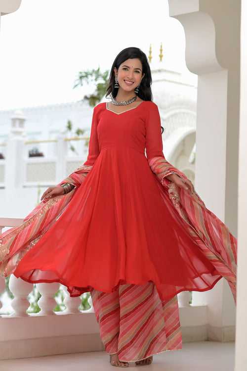 Chic Red Anarkali Palazzo Dupatta Set | Style Triggers: Elevate Your Fashion with Graceful Flair