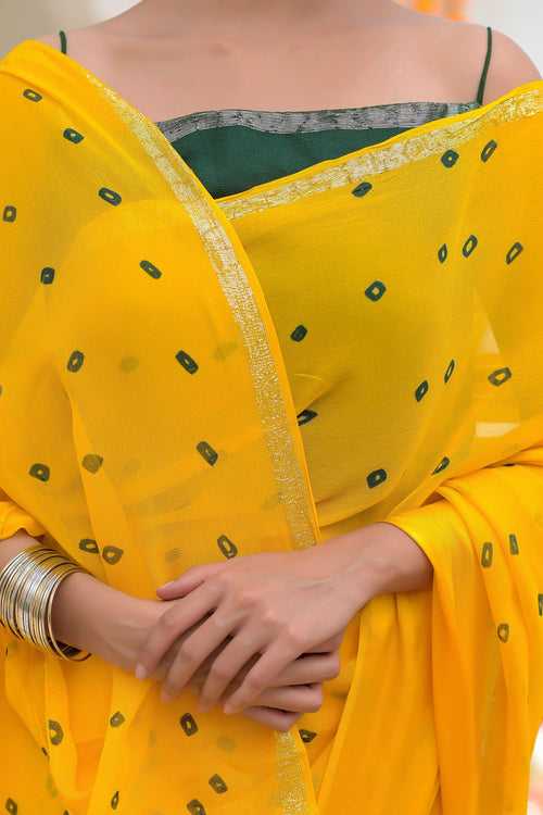 Yellow Bandhani Printed Georgette Saree with Green Blouse Piece by Style Triggers