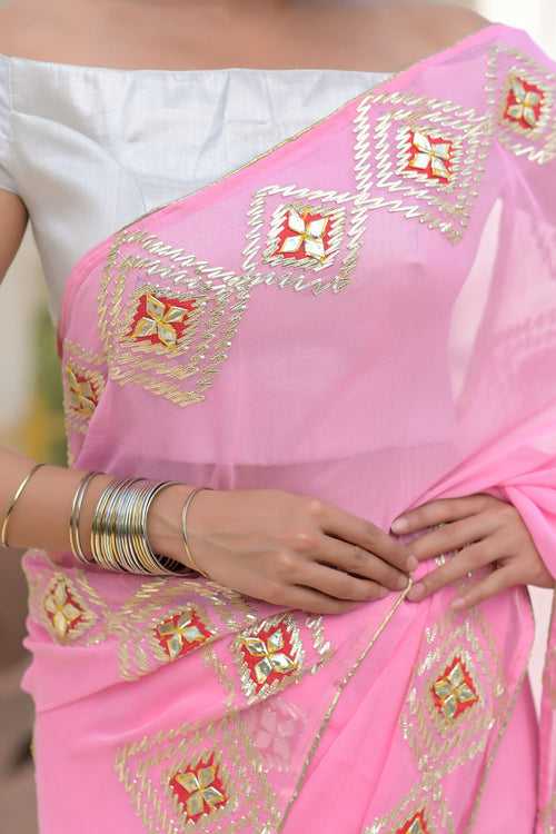 Pink Embroidered Gota Patti Saree Set by Style Triggers