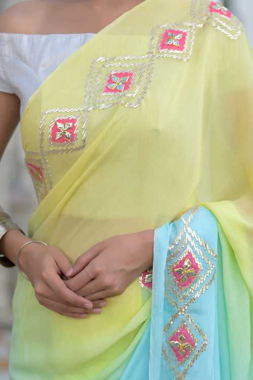 Yellow & Light Blue Shaded Gota Patti Embroidered Saree Set by Style Triggers