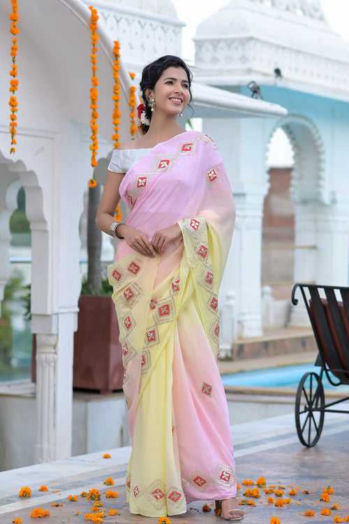 Pink & Light Yellow Gota Patti Embroidered Georgette Saree Set by Style Triggers