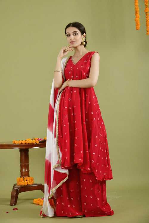 Red Bandhani Anarkali Palazzo Set: Stylish and Comfortable | Style Triggers