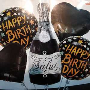Happy Birthday Champagne 5-in-1 Black Foil Balloons Set