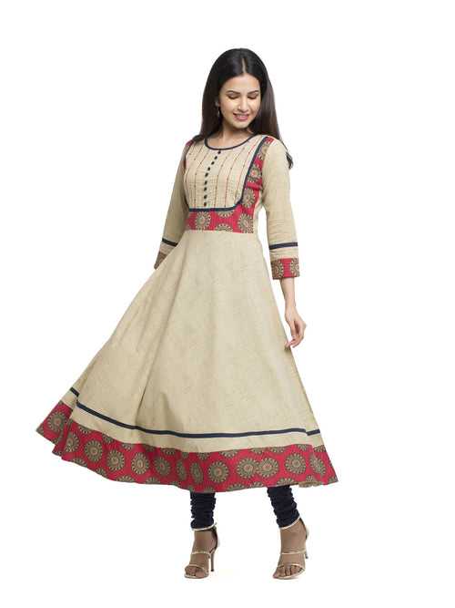 Kurta Anarkali Printed Cotton ( Beige )