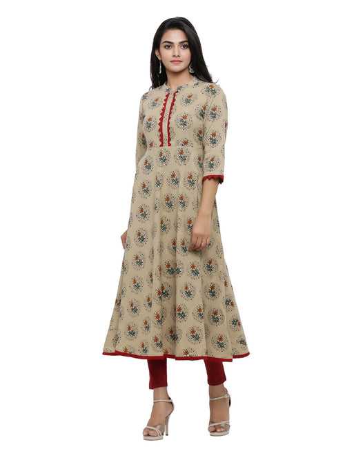 Kurta Anarkali Cotton Blend Floral Print (Beige)