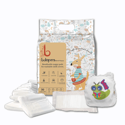 Medium (6m-12m) Washable Cloth Diaper with 30 Bamboo Disposable Nappy Pads