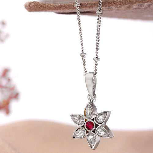 92.5 Silver White Kundan Flower Necklace