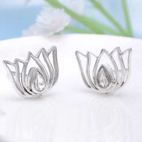 92.5 Silver White Kundan Sacred Lotus Stud Earrings
