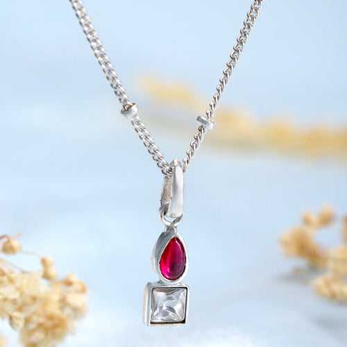 92.5 Silver Cubic red Drop Stud Necklace