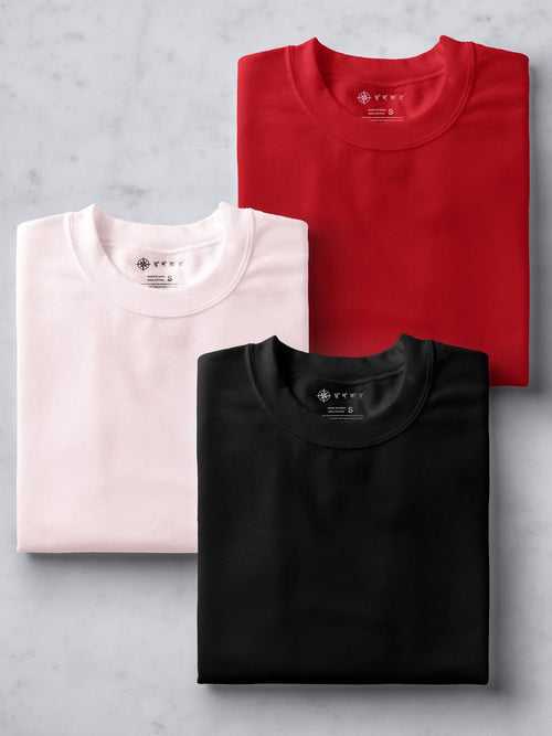 Black, Soft Pink  & Red  Combo T shirt | Pack of 3