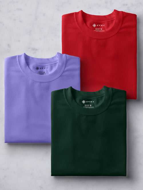 Lilac, Red & Forest Green Combo T shirt | Pack of 3