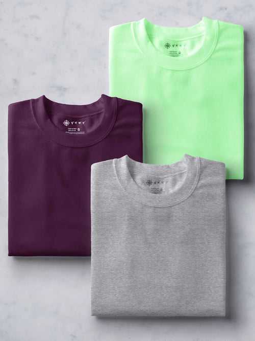 Electric Mint, Wine & Light Grey T shirt Combo | Pack of 3