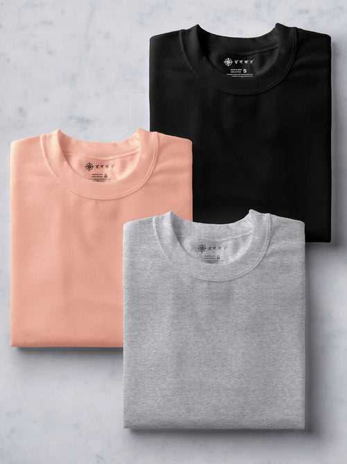 Black, Peach & Light Grey Combo T shirt | Pack of 3