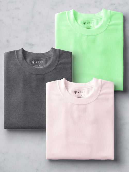 Dark Grey, Soft Pink & Electric Mint Combo T shirt | Pack of 3