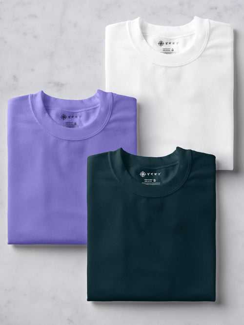 White, Teal Blue & Lilac Combo T shirt | Pack of 3