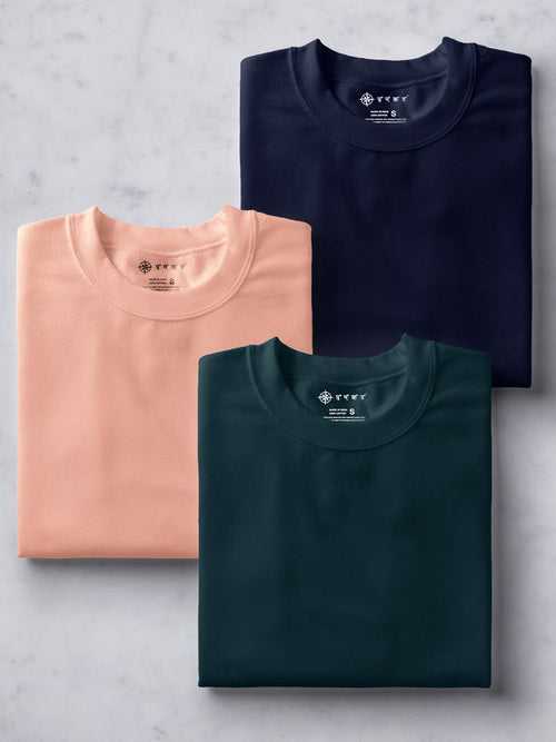 Peach, Teal Blue & Midnight Blue T Shirt Combo | Pack of 3