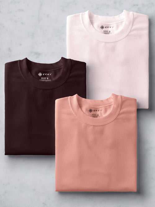 Sunset Pink, Coffee Brown & Soft Pink T shirt Combo | Pack of 3