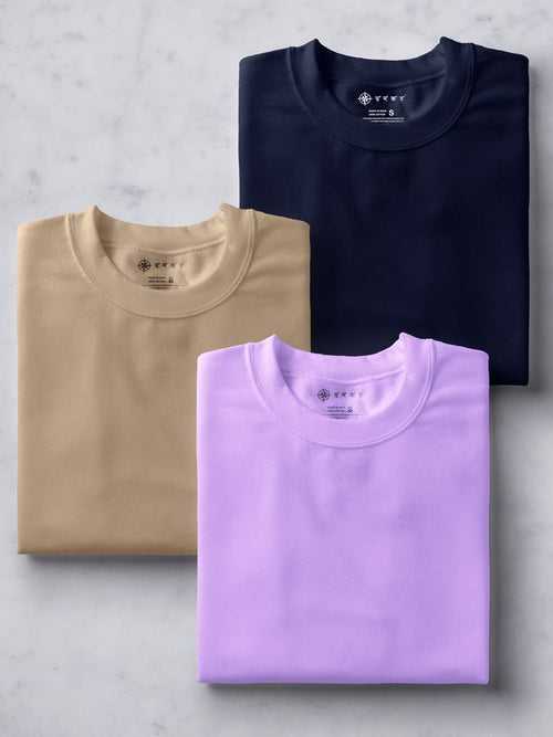 Lavender, Beige & Midnight Blue T shirt Combo | Pack of 3