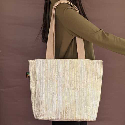 Golden and Pink Shimmery Upcycled Handwoven Shopper Tote (ST0524-003) PS_W