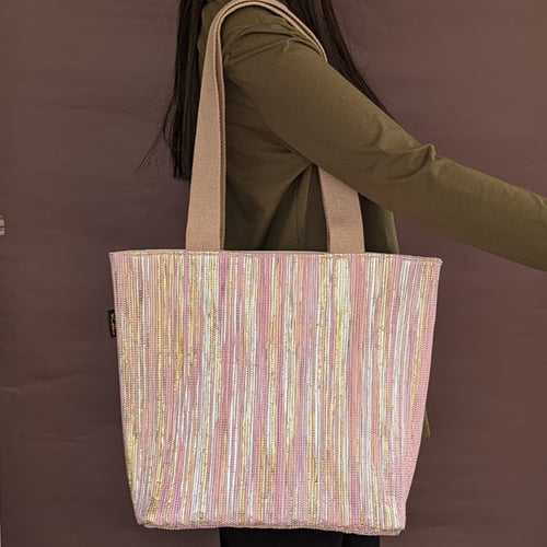 Golden and Pink Shimmery Upcycled Handwoven Shopper Tote (ST0524-001) PS_W