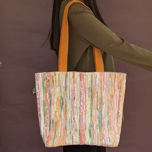 Golden and Pink Shimmery Upcycled Handwoven Shopper Tote (ST0524-002) PS_W
