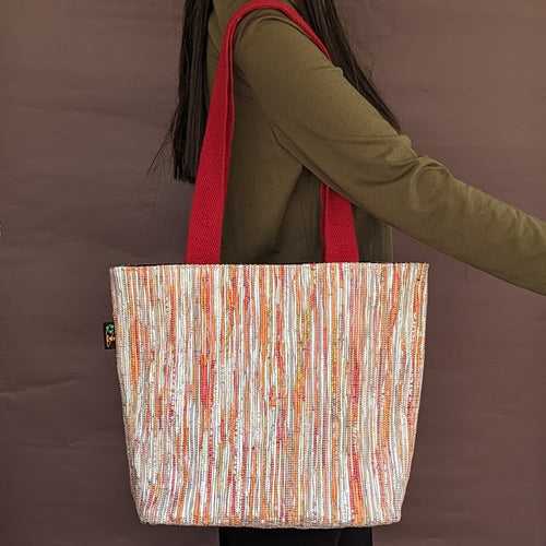 Red and Sliver Shimmery Upcycled Handwoven Shopper Tote (ST0524-008) PS_W