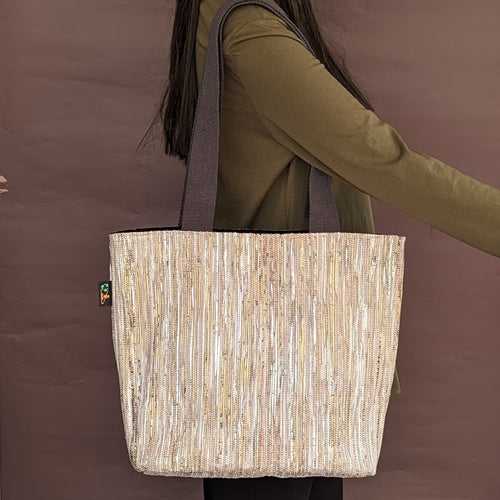 White and Golden Shimmery Upcycled Handwoven Shopper Tote (ST0524-010) PS_W