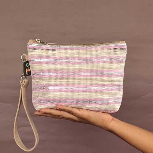 White and Pink Silver Striped Upcycled Handwoven Wrist It (WI0524-021) PS_W