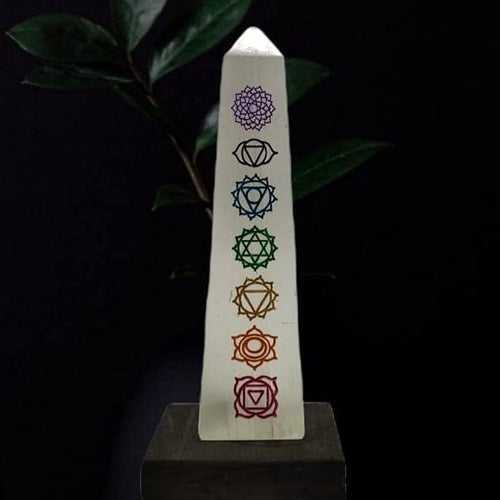 Natural Selenite Tower Lamp Night Lamp for Vaastu correction - Remove Negative Energy(Selenite Wand 7 Chakra Carving)
