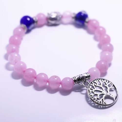 Rose Quartz & Evil Eye Beads With Buddha & Tree Charm - FOR LOVE, PROTECTION, COMPASSION