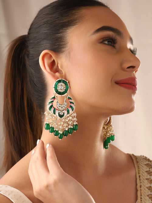 Priyaasi Green Meenakari Kundan Beads Earrings